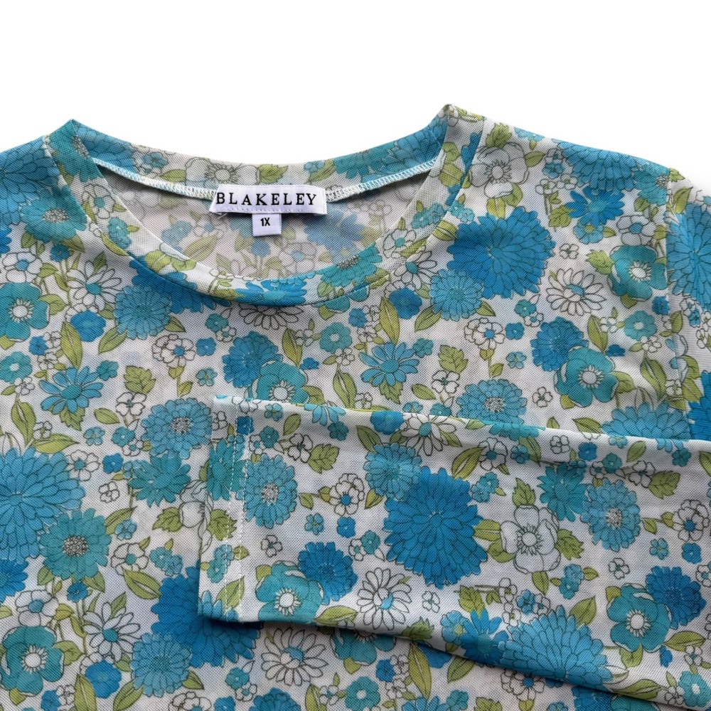 Blakeley Women 1X Blue Green Floral Mesh Sheer Long Sleeve Crew Neck Top Tee Y2K